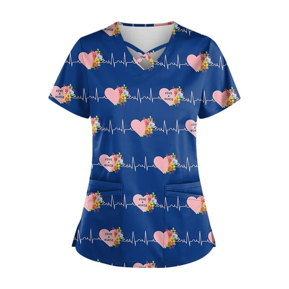 Under Scrub Tops for Women Love Heart Printed V Neck Breathable Workwear Shirt Short Sleeve Professionals Soft Stretch Valentine's Day Scrub Tops with Pockets royal blue Large