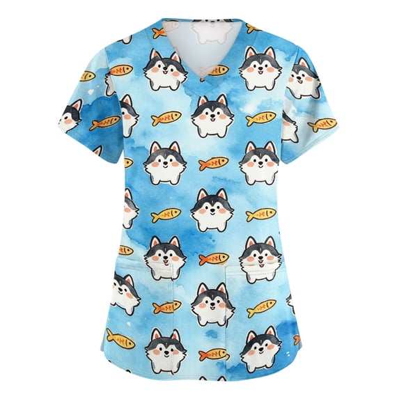 Scrub Tops Women Nurse Working Tops Cute Cartoon V Neck Short Sleeve Scrubs