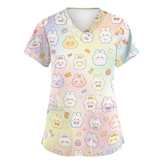 Scrub Tops Women Oversized Casual Scrub Tops Cartoon Animals Printed V Neck Short Sleeve Scrubs Shirt