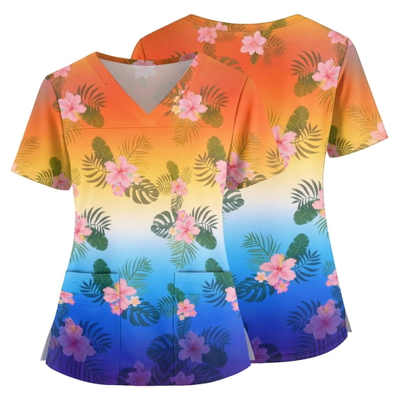 Scrub Tops Women Plus Size Hawaiian Tropic Nursing Uniform Trendy V Neck Side Slits Scrub Tops Party Short Sleeve Medical Workwear with Pockets Royal Blue 5XL