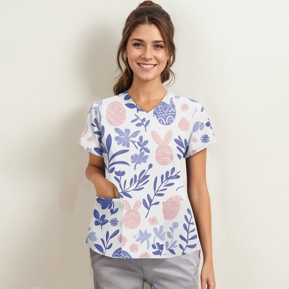 Scrub Tops Women Plus Size,Scrub Tops for Women Short Sleeve V Neck Working Nurse Uniform Plus Size Easter Printed Medical Shirt,Light Purple,XL
