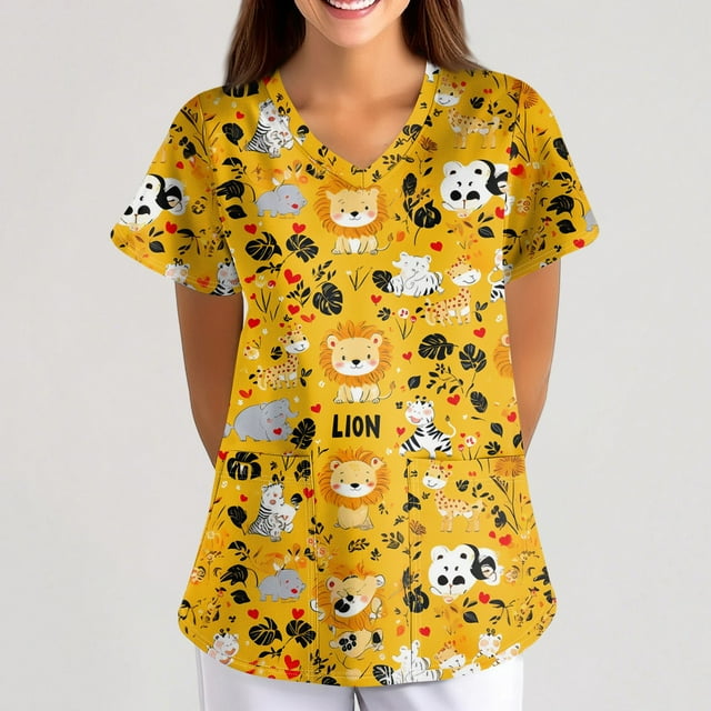 Scrub Tops Women Plus Size Short Sleeve V-Neck Shirts Funny Printed Scrubs Top Medical Nursing Uniforms with Pockets 01-Yellow L