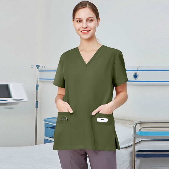 Scrub Tops Women Plus Size Stretchy V-Neck Scrub Shirts with 4 Pockets Breathable Short Sleeve Nurse Uniforms