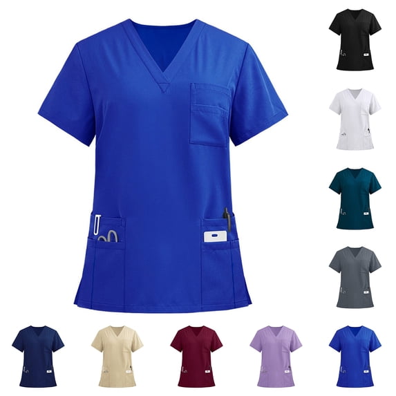 Scrub Tops Women Plus Size Stretchy V-Neck Scrub Shirts with 5 Pockets Breathable Short Sleeve Nurse Uniforms, 2XL