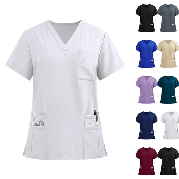 Scrub Tops Women Plus Size Stretchy V-Neck Scrub Shirts with Pockets Breathable Short Sleeve Nurse Uniform,White XL