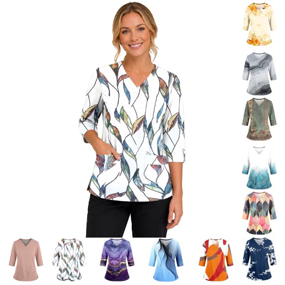 Scrub Tops Women Plus Size Wrinkle-Resist Nursing Uniform Fashion 3/4 Sleeve V Neck Maple Leaf Print Side Slits Scrub Tops Ultra Soft Medical Workwear with Pockets Light Blue 4XL