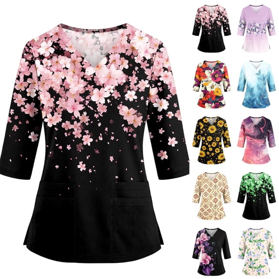 Scrub Tops Women Premium Vintage Nurse Working Uniforms Trendy 3/4 Sleeve V Neck Floral Print Side Slits Scrub Tops Ultra Soft Medical Workwear with Pockets Light pink 3XL