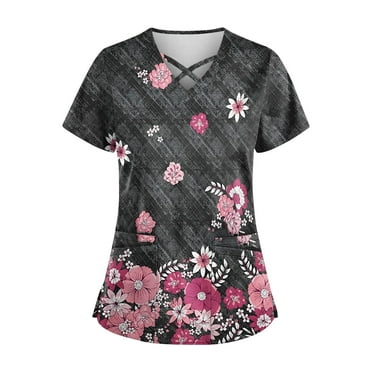 Scrub Tops Women Print Breathable Printed V-Neck Plus Size Scrub Tops Short Sleeve Professionals Soft Stretch Workwear Shirt with Pockets light gray XX-Large