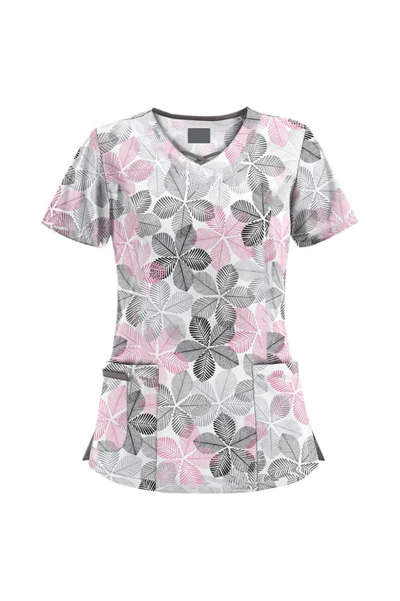 Scrub Tops Women Print Breathable Printed V Neck Plus Size T-Shirts Short Sleeve Professionals Soft Stretch Scrub Tops with Pockets white Medium