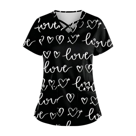 Scrub Tops Women Print Breathable Printed V Neck Plus Size Workwear Shirt Short Sleeve Professionals Soft Stretch T-Shirts with Pockets gray 4X-Large