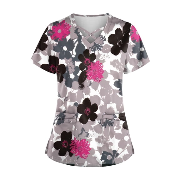 Scrub Tops Women Print Breathable Printed V Neck Plus Size Workwear Shirt Short Sleeve Professionals Soft Stretch T-Shirts with Pockets pink 5X-Large
