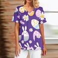 thumbnail image 1 of Scrub Tops Women Print，Easter Scrub Tops Women Bunny Egg Hunt Print Medical Scrubs Top Stretchy V Neck Short Sleeve Nurse Uniforms，Purple，XXXXL, 1 of 5