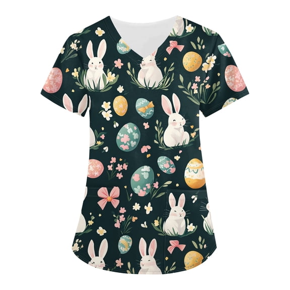 Scrub Tops Women Print，Easter Scrub Tops Women Bunny Egg Hunt Print Scrubs Short Sleeve Holiday Working Uniform with Pockets，Brown，S