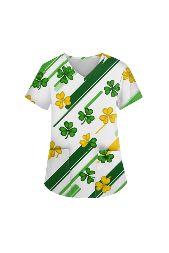 Scrubs for Women Irish Shamrock Printed V-Neck Breathable Scrub Tops Short Sleeve Professionals Soft Stretch St. Patrick's Day Workwear Shirt with Pockets (White)