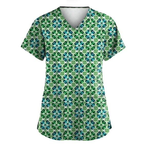 Scrub Tops Women Print Irish Shamrock Printed V Neck Breathable T-Shirts Short Sleeve Professionals Soft Stretch St. Patrick's Day Scrub Tops with Pockets light blue XX-Large