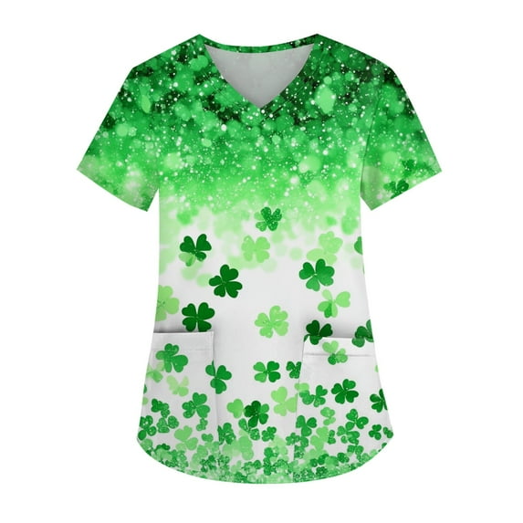Scrub Tops Women Print Irish Shamrock Printed V Neck Breathable T-Shirts Short Sleeve Professionals Soft Stretch St. Patrick's Day Scrub Tops with Pockets green Small