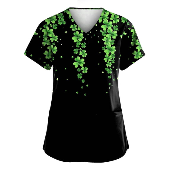 Scrub Tops Women Print Irish Shamrock Printed V-Neck Breathable T-Shirts Short Sleeve Professionals Soft Stretch St. Patrick's Day Workwear Shirt with Pockets dark green Medium