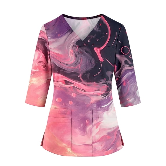 Scrub Tops Women Print Premium Vintage Nurse Uniforms Fashion 3/4 Sleeve V Neck Gradient Side Slits Scrub Tops Breathable Medical Workwear with Pockets Pink 2XL