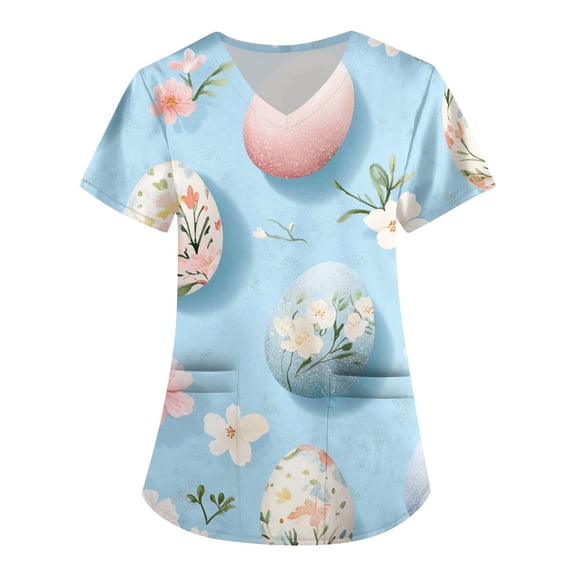 Scrub Tops Women Print,Scrub Tops Womens Cute Easter Printed Nurse Uniforms 2026 Short Sleeve Scrub V Neck Shirt with Pockets,Blue,XXXXL