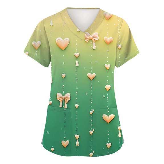 Scrub Tops Women Print,Women's Fashion V-Neck Short-Sleeve Workwear with Pockets Valentine's Day Printed Top Nursing Scrub Top - Green - XXL