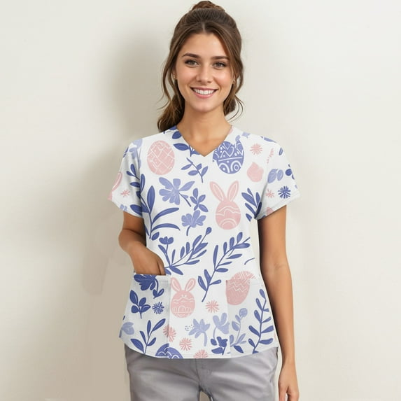 Scrub Tops Women，Scrub Tops for Women Short Sleeve V Neck Working Nurse Uniform Plus Size Easter Printed Medical Shirt，Light Purple，XXL