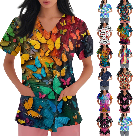 Scrub Tops Women Short Sleeve Plus Size Stretch V-Neck Fun Printed Scrubs Top Medical Nursing Uniforms with Pockets Gold 3XL