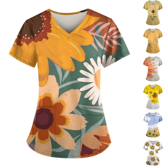 Scrub Tops Women Short Sleeve Plus Size Stretch V-Neck Fun Printed Scrubs Top Medical Nursing Uniforms with Pockets