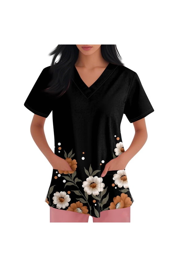 Scrub Tops Women Short Sleeve Plus Size Stretch V-Neck Fun Printed Scrubs Top Medical Nursing Uniforms with Pockets