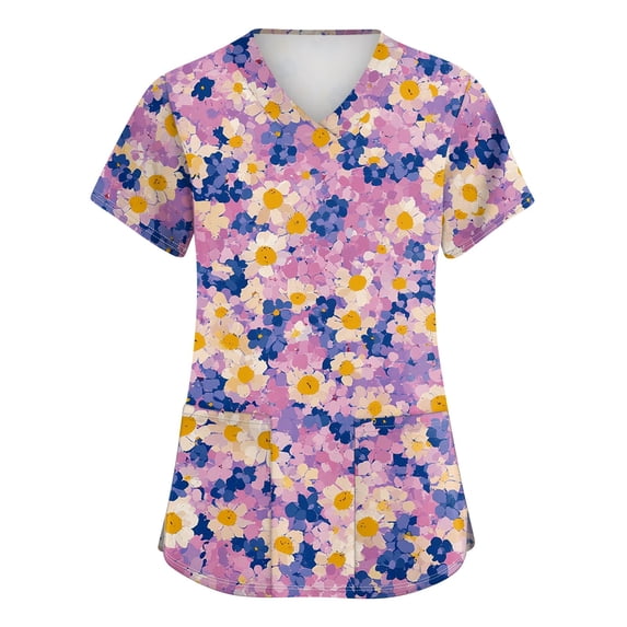 Scrub Tops Women Short Sleeve Plus Size Stretch V-Neck Fun Printed Scrubs Top Medical Nursing Uniforms with Pockets