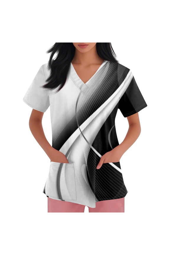 Scrub Tops Women Short Sleeve Plus Size Stretch V-Neck Fun Printed Scrubs Top Medical Nursing Uniforms with Pockets
