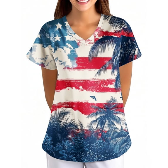 Scrub Tops Women Short Sleeve Plus Size V-Neck Fun Printed Scrubs Top Medical Nursing Uniforms with Pockets Blue 4XL