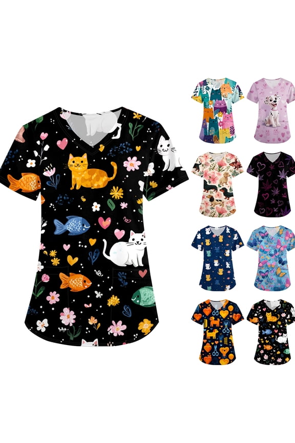 Scrub Tops Women Short Sleeve Plus Size V-Neck Fun Printed Scrubs Top Medical Nursing Uniforms with Pockets Gray 5XL