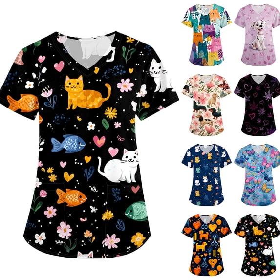 Scrub Tops Women Short Sleeve Plus Size V-Neck Fun Printed Scrubs Top Medical Nursing Uniforms with Pockets Pink 5XL