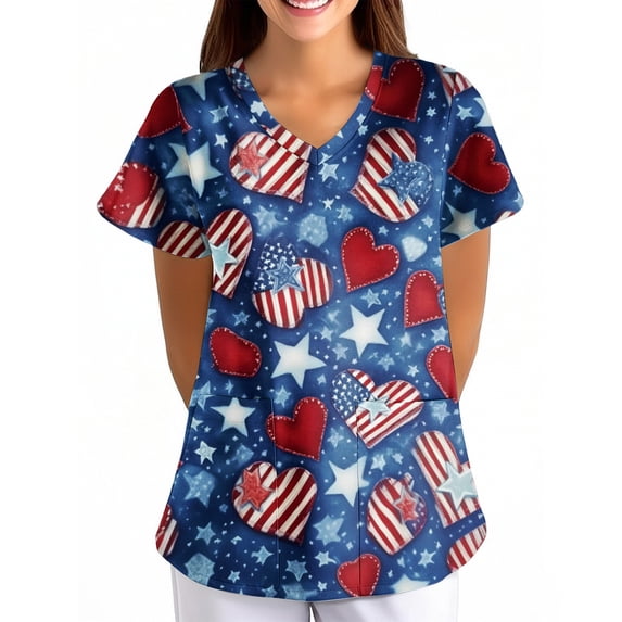 Scrub Tops Women Short Sleeve Plus Size V-Neck Fun Printed Scrubs Top Medical Nursing Uniforms with Pockets Red M