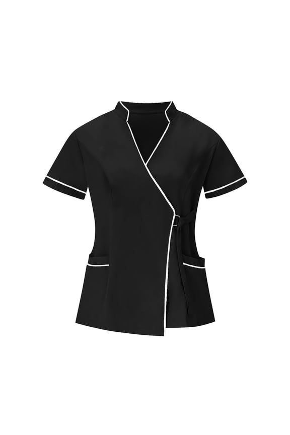 Scrub Tops for Women Short Sleeve Shirts Summer Cool Breathable 4 Way Stretch Nursing Suit Mandarin Collar V Neck Mock Wrap Uniform Adjustable Side Buckle Workwear with Pockets