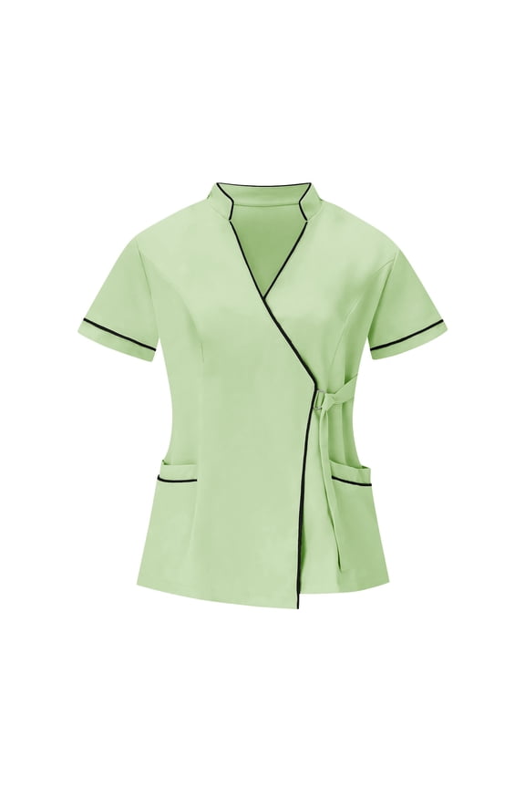 Scrub Tops for Women Short Sleeve Shirts Summer Cool Breathable 4 Way Stretch Nursing Suit Mandarin Collar V Neck Mock Wrap Uniform Adjustable Side Buckle Workwear with Pockets