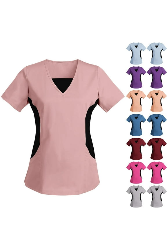 Scrub Tops Women Short Sleeve V Neck Maternity Tops Nursing Tops Uniforme De Enfermera Mujer Scrub Undershirt for Women, Pink L