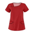 thumbnail image 1 of Scrub Tops Women Solid Color Casual Short Sleeve Asymmetric Round Neck Light Stretchy Womens Shirts Plus Size with Pockets Red Size 5XL, 1 of 3
