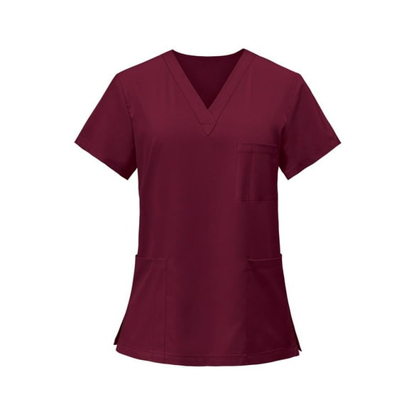 Scrub Tops Women Stretchy, Lightweight Nursing Shirt - V-Neck All-Season Scrubs Top with Multi Pockets Side Slit & Short Sleeve Solid Color Work Uniform Red M