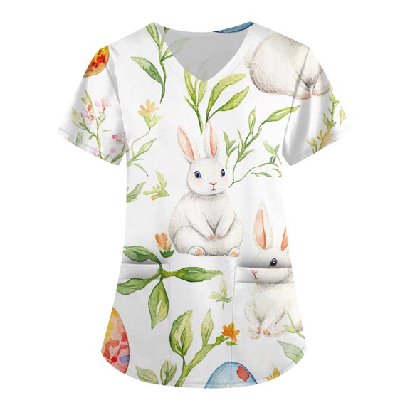 Scrub Tops Women Stretchy，Scrub Tops Womens Cute Easter Printed Nurse Uniforms 2026 Short Sleeve Scrub V Neck Shirt with Pockets，Green，XXXXL