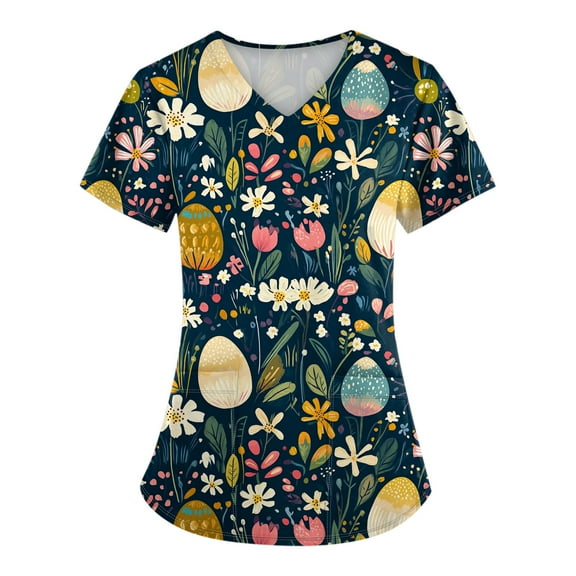 Scrub Tops Women Stretchy，Scrub Tops Womens Cute Easter Printed Nurse Uniforms 2026 Short Sleeve Scrub V Neck Shirt with Pockets，Navy，M