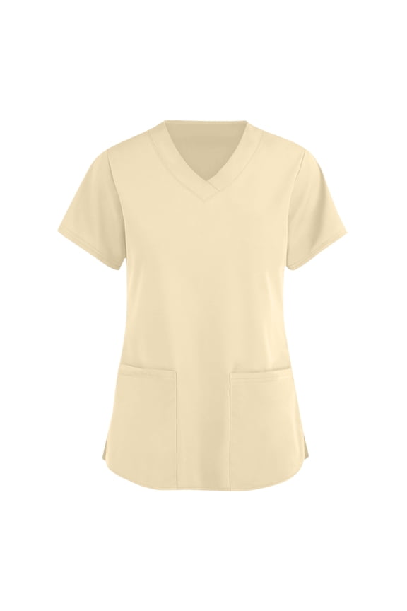 Scrub Tops Women Stretchy Solid Casual Nursing Top Vneck Short Sleeve Medical Scrubs with Pockets,Easy Care Uniform L Polyester