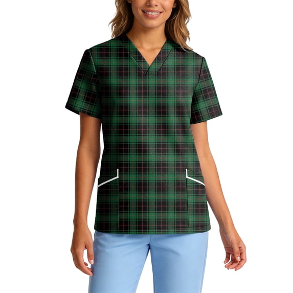 Scrub Tops Women V Neck Nurse Uniform Shirts with Pockets Casual Plaid Printed Short Sleeve Working Medicals Blouse