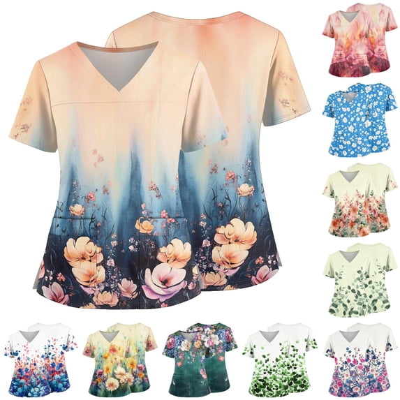 Scrub Tops Women V Neck Short Sleeve Plus Size Scrub Shirts Floral Print Nursing Scrubs Stretch Fitted Summer Holiday Trendy Uniform Shirts With Pockets Blue 4XL