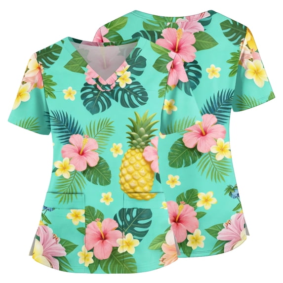 Scrub Tops Women V Neck Short Sleeve Plus Size Scrub Shirts Hawaiian Tropic Nursing Scrubs Stretchy Summer Holiday Loose Fit Uniform Workwear With Pockets Cyan XL