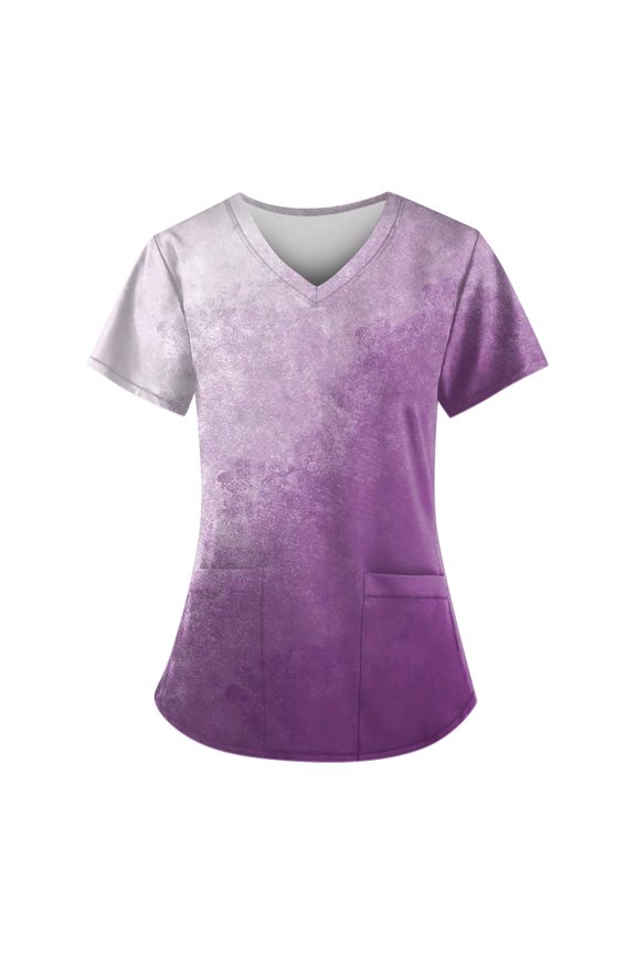 Scrub Tops Women V Neck Stretchy Gradient Color Shirts for Women Lightweight Casual Plus Size Short Sleeve with Pockets Purple Size M