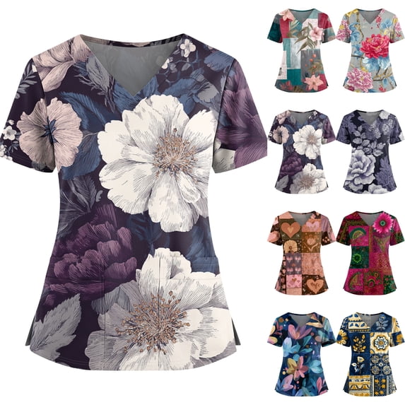 Scrub Tops Women Vintage Floral Print V Neck Plus Size Scrubs Tops Nurse Stretch Fitted Holiday Short Sleeve Loose Fit Side Slits Uniform Workwear With Pockets Light Purple 4XL