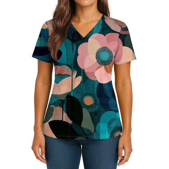 Scrub Tops Women Vintage Floral Print V Neck Plus Size Scrubs Tops Nurse Stretchy Holiday Short Sleeve Casual Side Slits Uniform Shirts With Pockets Cyan S