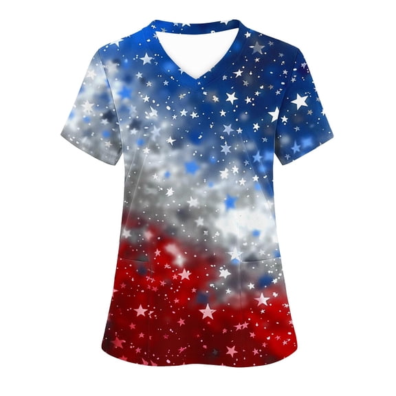 Scrub Tops for Womens Summer V Neck Tee Short Sleeve T Shirts Independence Day Workwear Protective Shirts USA Flag Star Patriotic Tee Shirts Soft Stretch Mock Wrap Tops