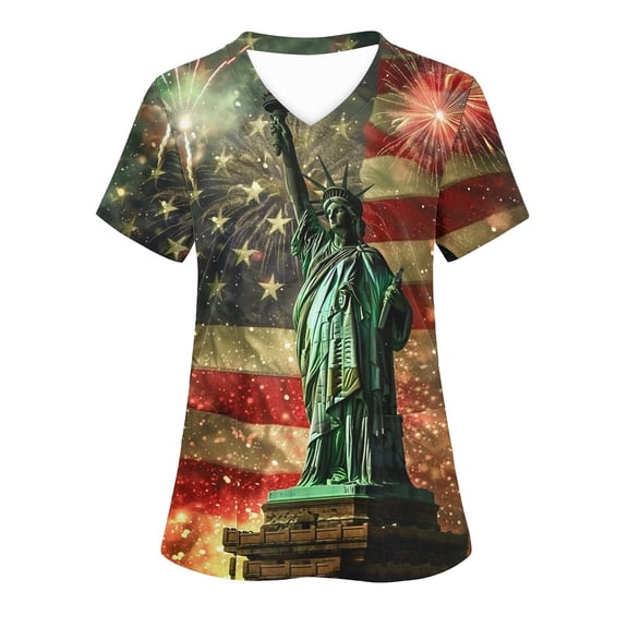 Scrub Tops for Womens Summer V Neck Tee Short Sleeve T Shirts Independence Day Workwear Protective Shirts USA Flag Star Patriotic Tee Shirts Soft Stretch Mock Wrap Tops